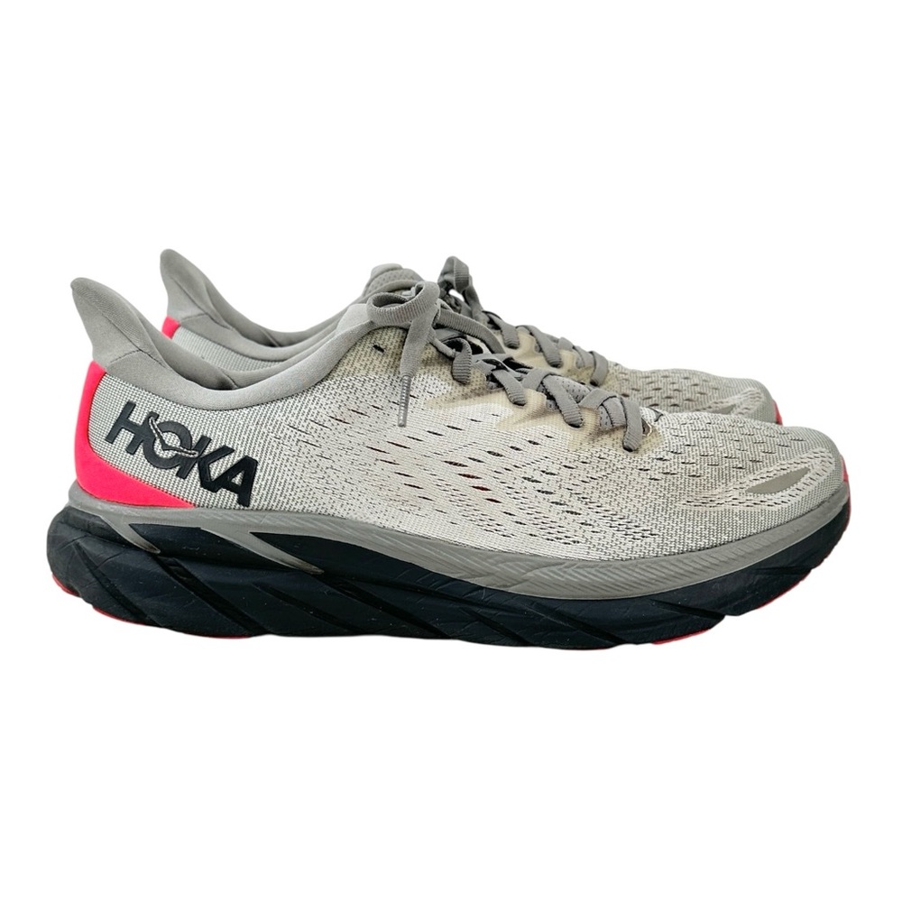 HOKA Clifton 8 Gray & Pink Low Top Lace Up Running Shoes Sneakers sz US 10.5